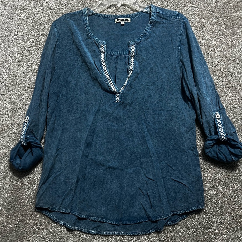 Tramp Woman’s Denim Look 3/4 Roll Tab Sleeves Blouse Lightweight Size Large